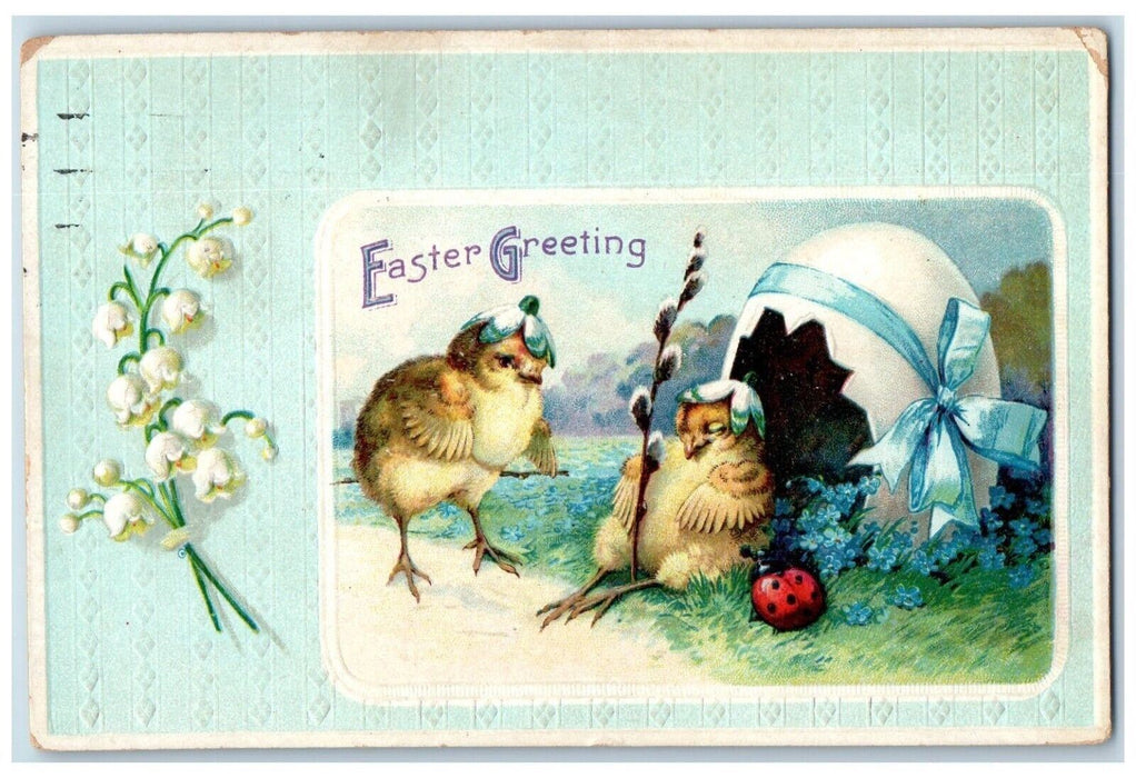 Easter Greetings Anthropomorphic Chicks Hatched Egg Lady Bug Clapsaddle Postcard