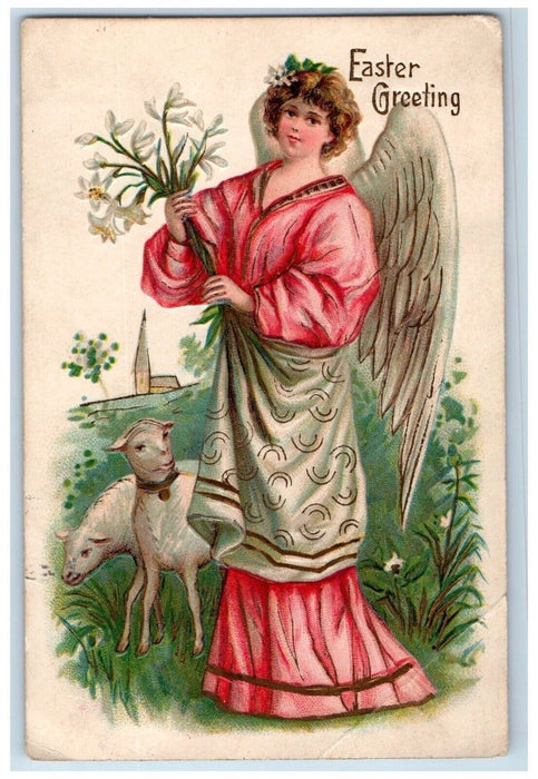 1909 Easter Greetings Angel Holding Lilies Flowers Lamb Embossed Posted Postcard