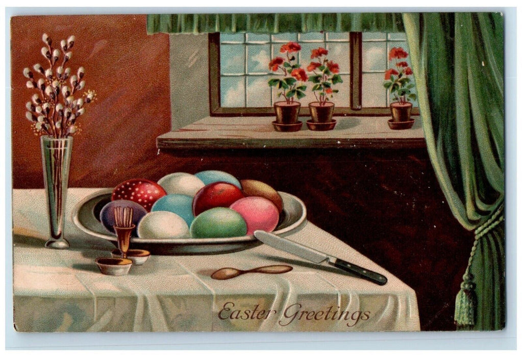 c1905 Easter Greetings Knife And Eggs In The Table Flowers Pot Embossed Postcard