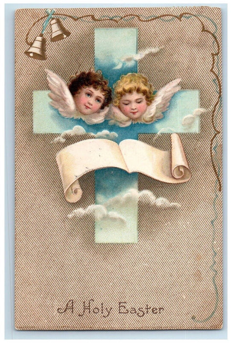 1908 Easter Cross Angels Head Clouds Bell Clapsaddle Embossed Antique Postcard