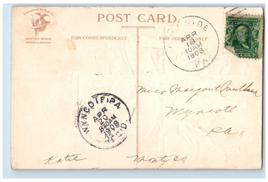 1908 Easter Cross Angels Head Clouds Bell Clapsaddle Embossed Antique Postcard