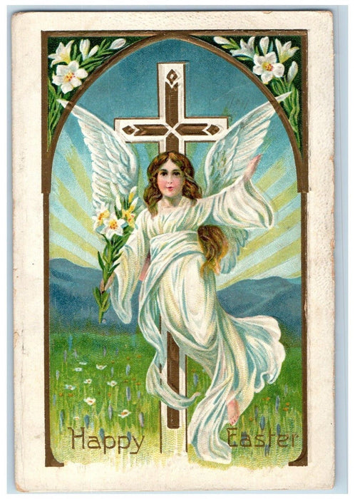c1910's Easter Cross Angels Lilies Flowers Embossed Posted Antique Postcard