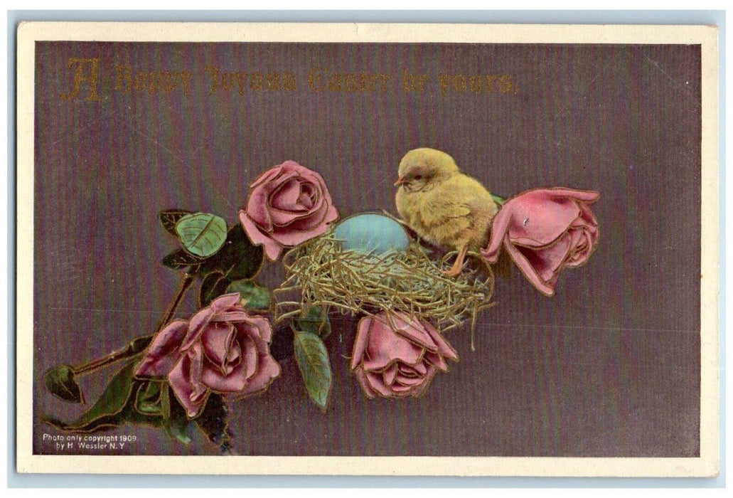 c1910's Easter Chick Egg Nest Pink Roses Flowers Unposted Antique Postcard