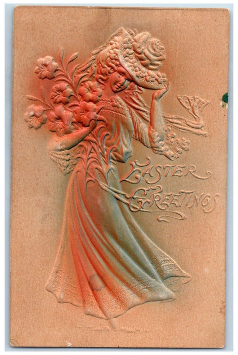 1908 Easter Greetings Girl Holding Lilies Flowers Airbrushed Antique Postcard