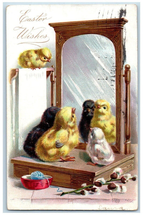 c1905 Easter Wishes Chicks Mirror Bowl Yarn Tuck's Posted Antique Postcard