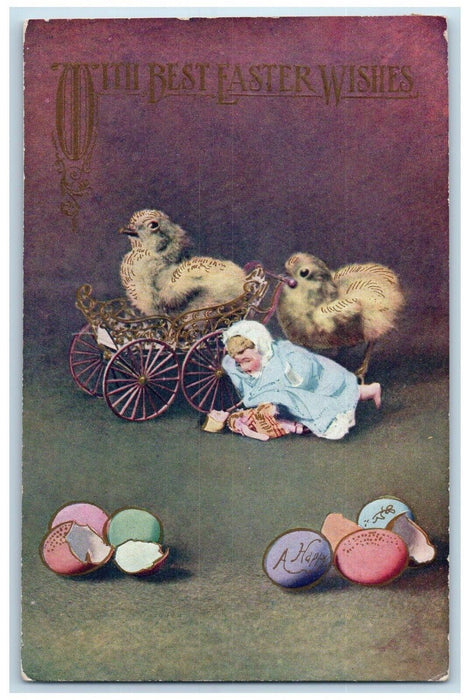 c1910's Easter Wishes Chicks Cart Girl Doll Hatched Eggs Embossed Postcard