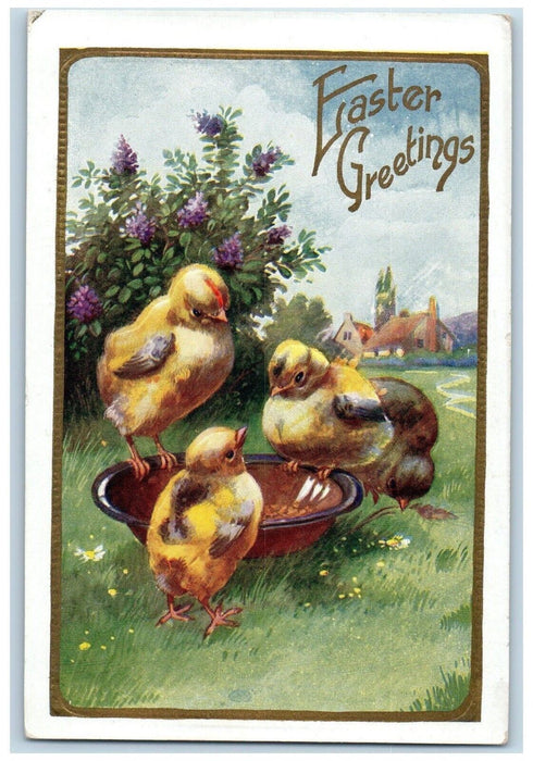 c1910's Easter Greetings Chicks Eating Bowl Pansies Flowers Embossed Postcard