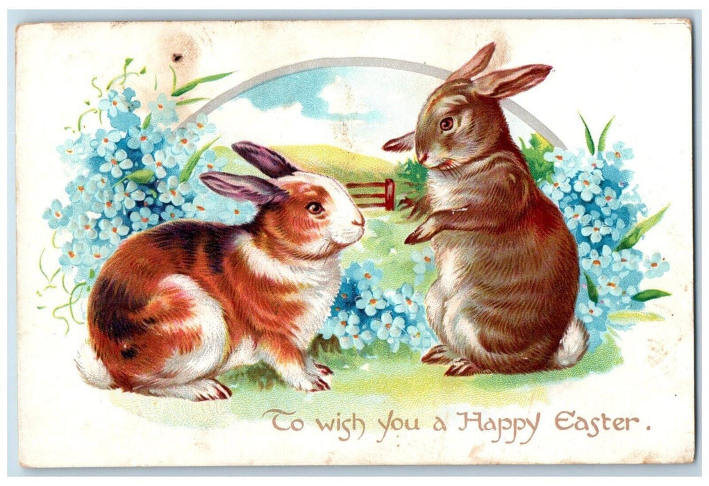 c1905 Happy Easter Bunny Rabbit Pansies Flowers Embossed Tuck's Antique Postcard