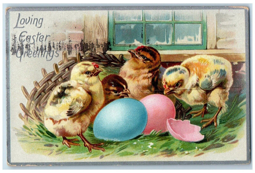 1911 Easter Greetings Chicks Eggs Hatched In Basket Nest Albion MI Postcard