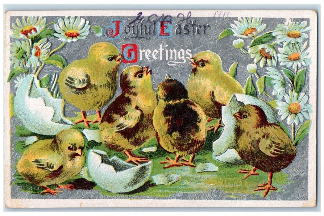 c1910's Easter Greetings Chicks Eggs Hatched Daisy Flowers Embossed Postcard