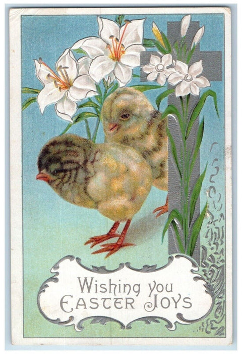 1912 Easter Joys Chicks Holy Cross Lilies Flowers Embossed Free Soil MI Postcard