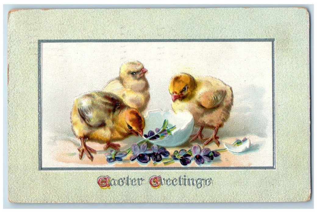 1911 Easter Greetings Chicks Hatched Egg Pansies Flowers Tuck's Antique Postcard