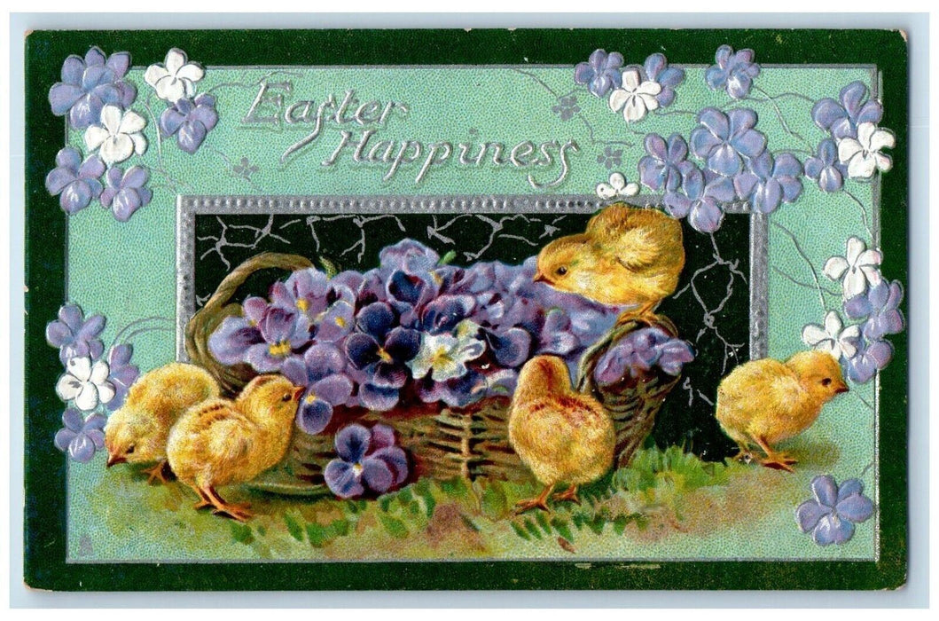 1912 Easter Chicks And Pansies Flowers Basket Tuck's Embossed Antique Postcard