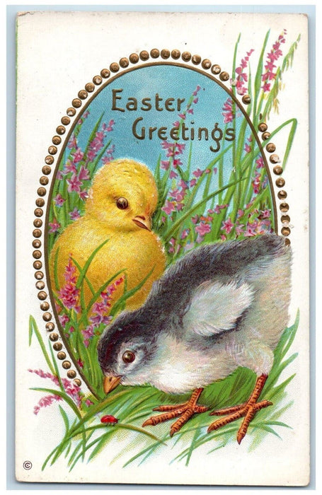 c1910's Easter Greetings Chicks Lady Bug Pink Flowers Embossed Antique Postcard