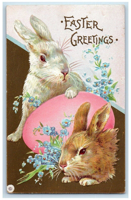 c1910's Easter Greetings Rabbits Egg Pansies Flowers Embossed Antique Postcard