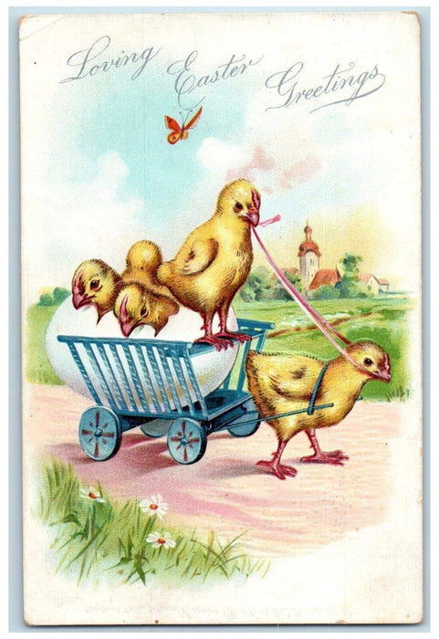 c1910's Easter Greetings Chicks Pulling Cart Egg Embossed Tuck's Posted Postcard