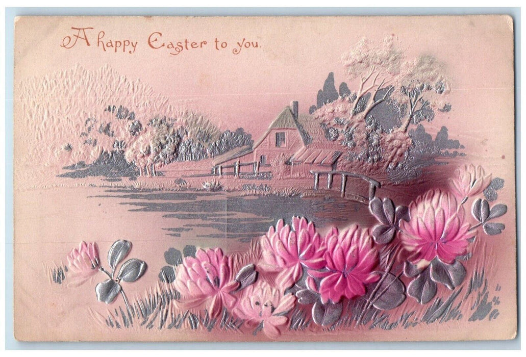 1910 Happy Easter House River And Pink Flowers Airbrushed Antique Postcard