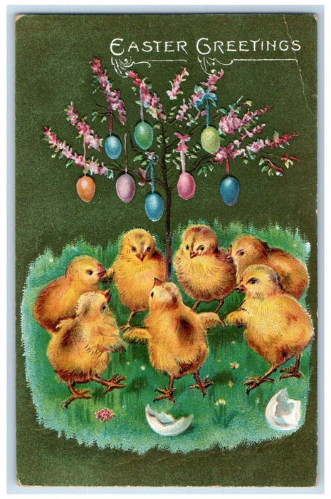 1908 Easter Greetings Chicks Playing Hanging Eggs Hatched Embossed Postcard