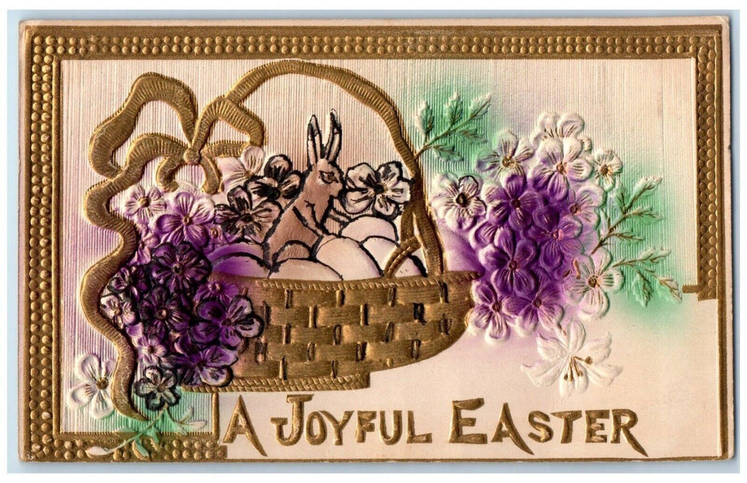 1912 Easter Rabbit Eggs In Basket Pansies Flowers Embossed Antique Postcard
