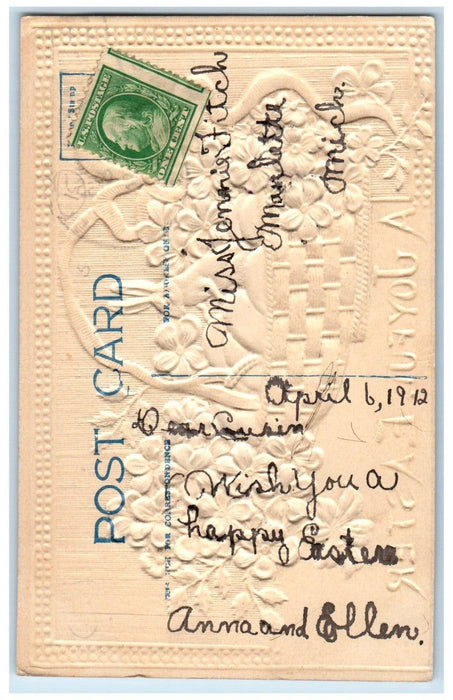 1912 Easter Rabbit Eggs In Basket Pansies Flowers Embossed Antique Postcard