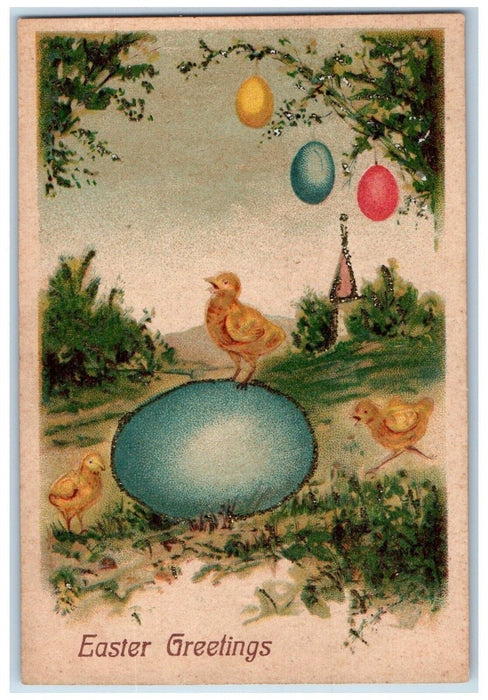 c1910's Easter Greetings Chick On Top Of Big Egg Glitter Posted Antique Postcard