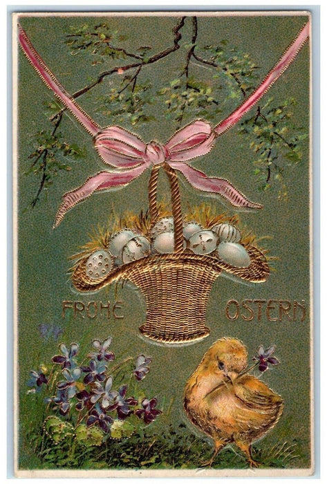 1910 Easter Hanging Basket Of Eggs Chick Pansies Flowers Embossed Postcard