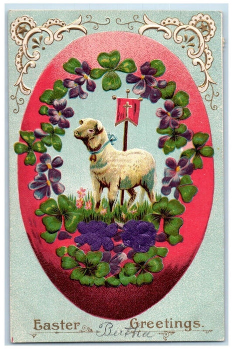 c1910's Easter Greetings Giant Egg Lamb Pansies Flowers Embossed Posted Postcard