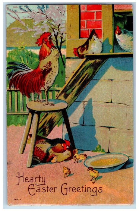 1910 Easter Greetings Rooster Chicken Hen Chicks Cleveland Ohio OH Postcard