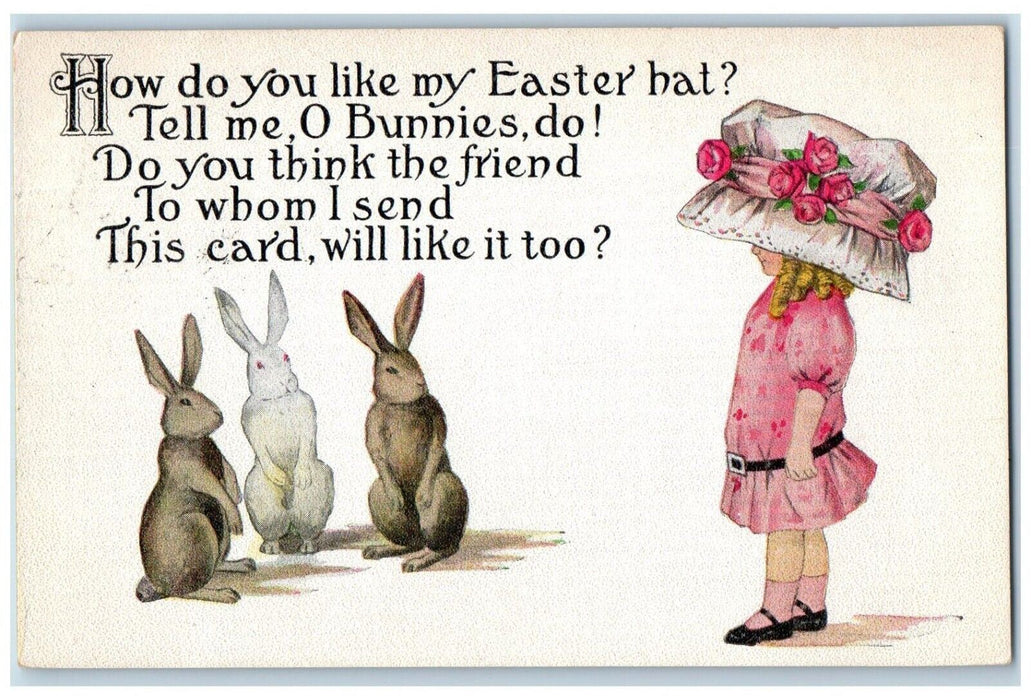 1910 Easter Greetings Girl Big Hat Flowers Bunny Rabbit Posted Antique Postcard
