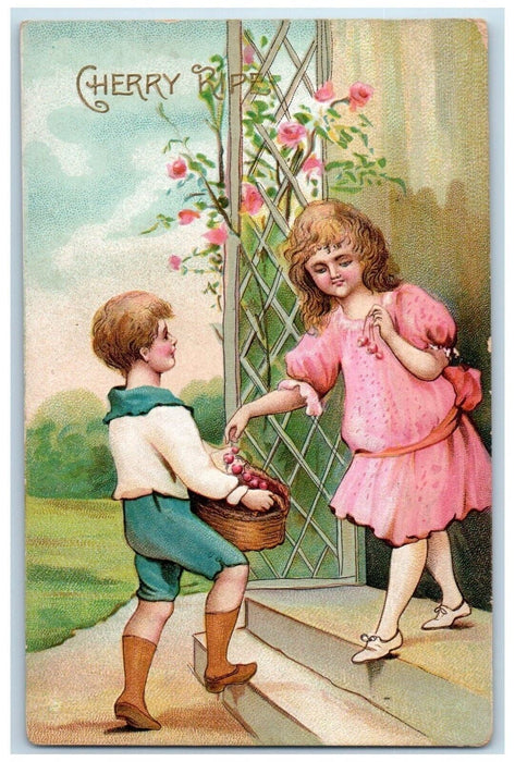 c1910's Easter Boy Girl Cherry Pipe Basket Embossed Unposted Antique Postcard