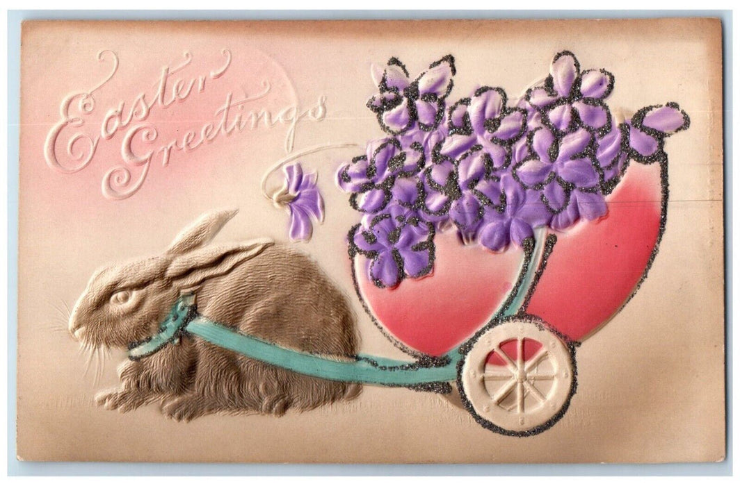 c1910's Easter Greetings Rabbit Pulling Hatched Egg Pansies Airbrushed Postcard