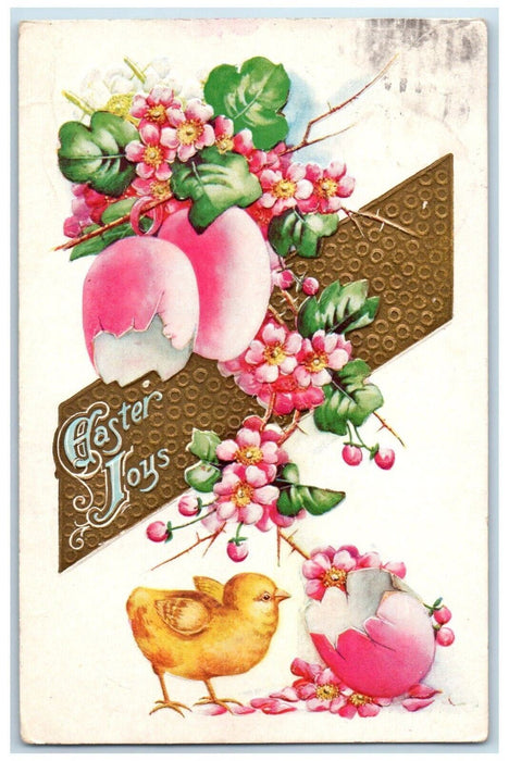 c1910's Easter Joys Chick Hatched Egg Pansies Flowers Embossed Antique Postcard