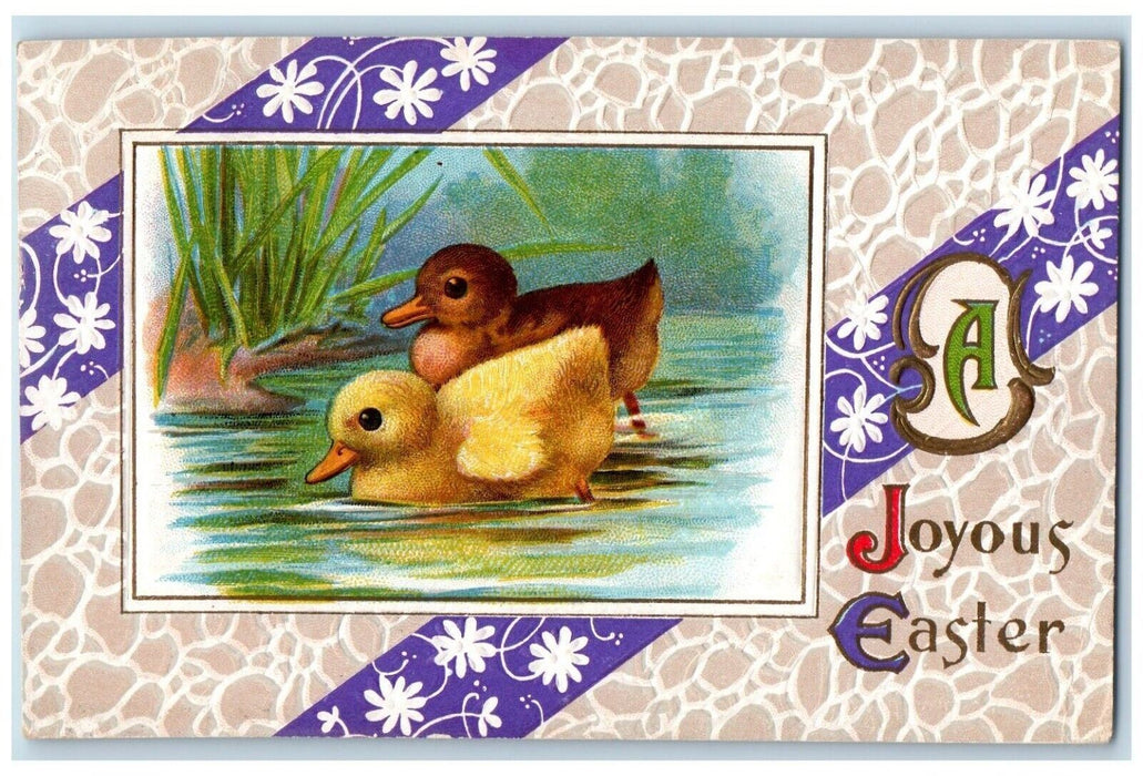1912 Easter Chicks Swim Flowers Embossed Providence Rhode Island RI Postcard