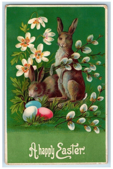 c1910's Happy Easter Bunny Rabbit And Eggs White Flowers Antique Postcard