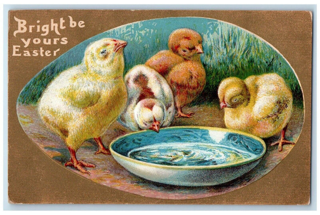 c1910's Easter Chicks Drinking Water Bowl Winsch Back Embossed Antique Postcard