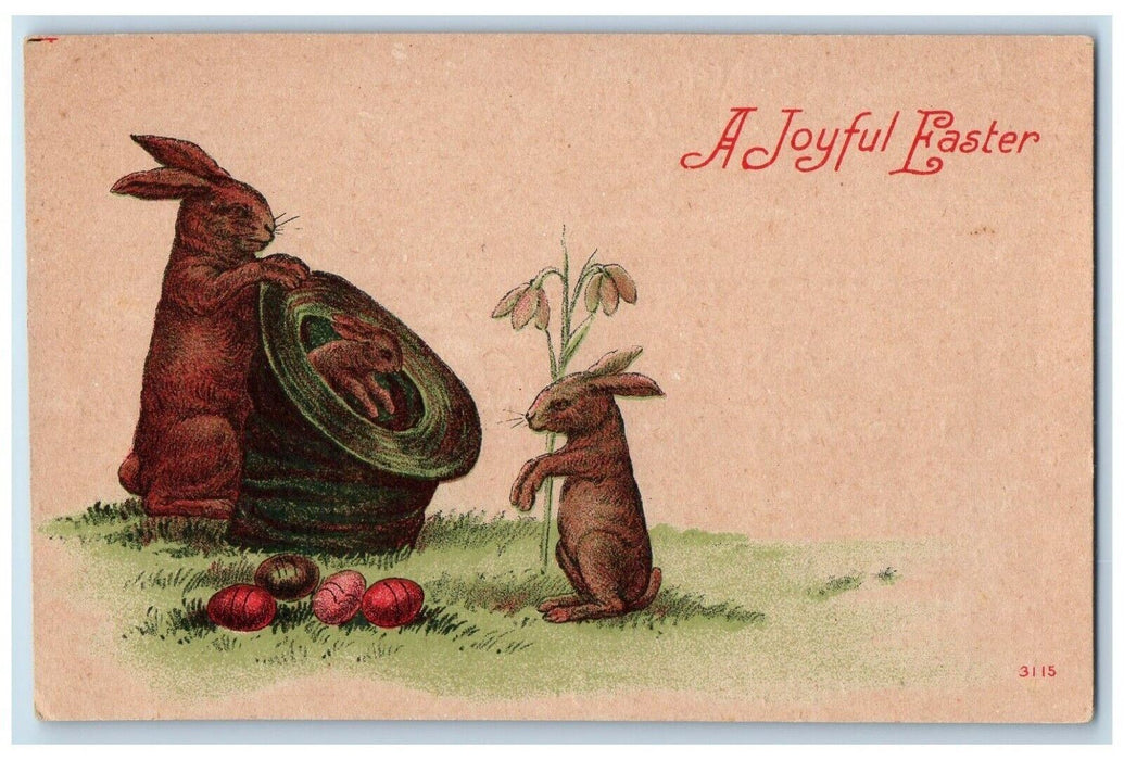 1909 Joyful Easter Anthropomorphic Bunny Rabbit Eggs Sack Antique Postcard