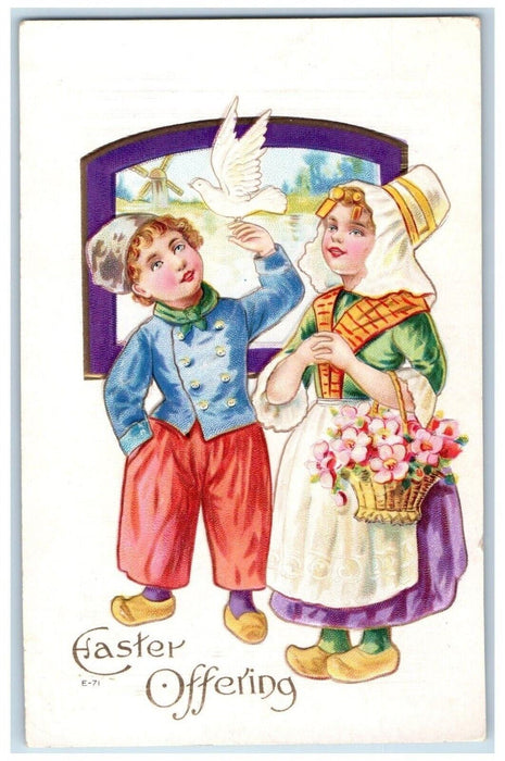 c1910's Easter Offering Dutch Girl Boy Dove Basket Flowers Windmill Postcard