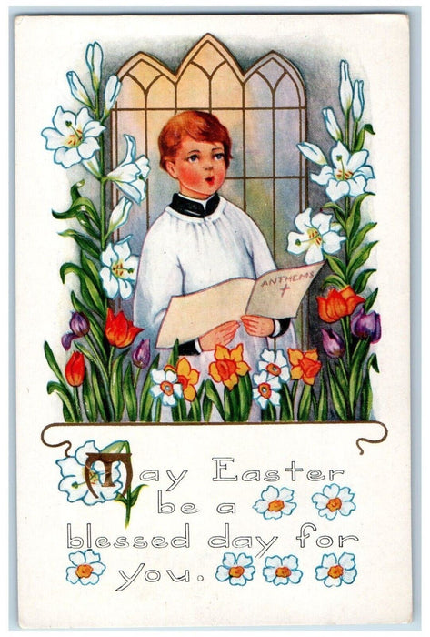 c1910's Easter Boy Church Singing Choir Lilies Flowers Embossed Antique Postcard