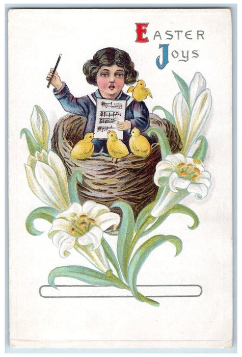 1915 Easter Boy Singing Chicks Basket Lilies Flowers Embossed Antique Postcard