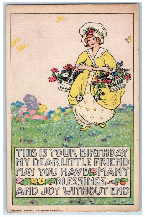 c1910's Birthday Message Pretty Girl Holding Flowers Basket Tuck's Postcard