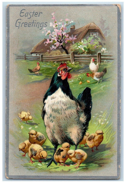 1912 Easter Greetings Chicken Hen Chicks Fence House Embossed Tuck's Postcard