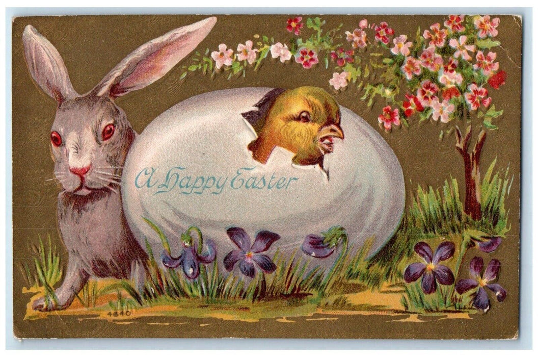 c1910's Easter Rabbit Hatched Egg Chick Pansies Flowers Embossed Posted Postcard