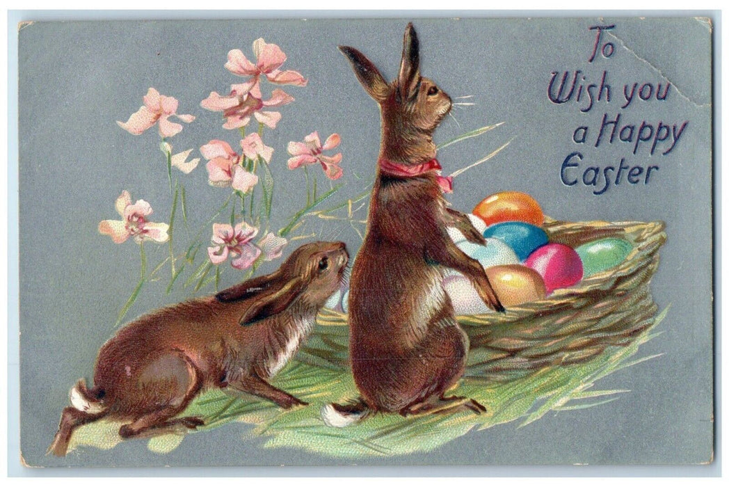 c1910's Easter Anthropomorphic Rabbit Eggs In Basket Flowers Tuck's Postcard