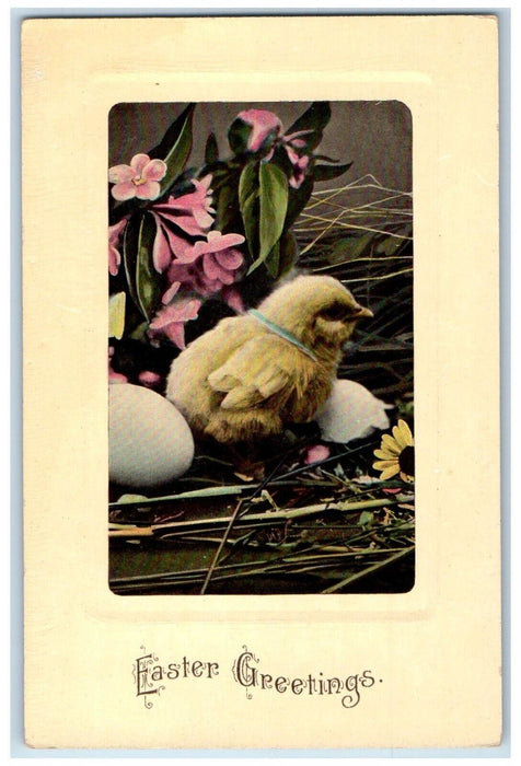 c1910's Easter Greetings Chick Egg Hatched Flowers Embossed Antique Postcard