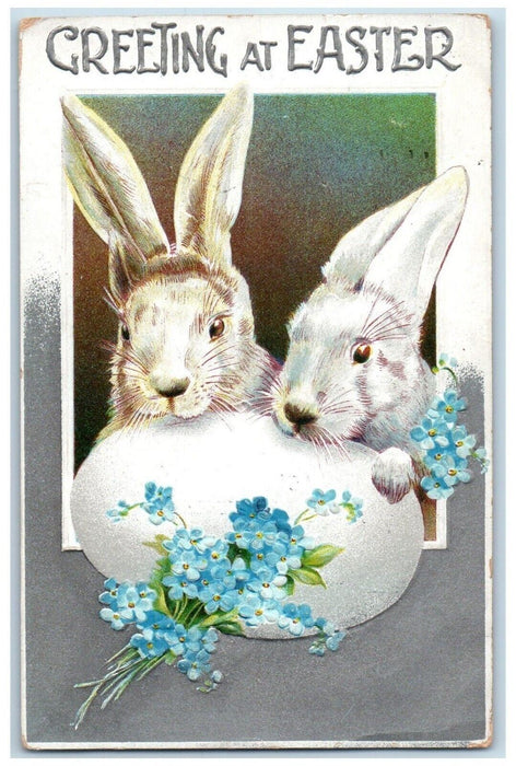 1912 Easter Greetings Bunny Rabbit Egg Pansies Flowers Embossed Antique Postcard