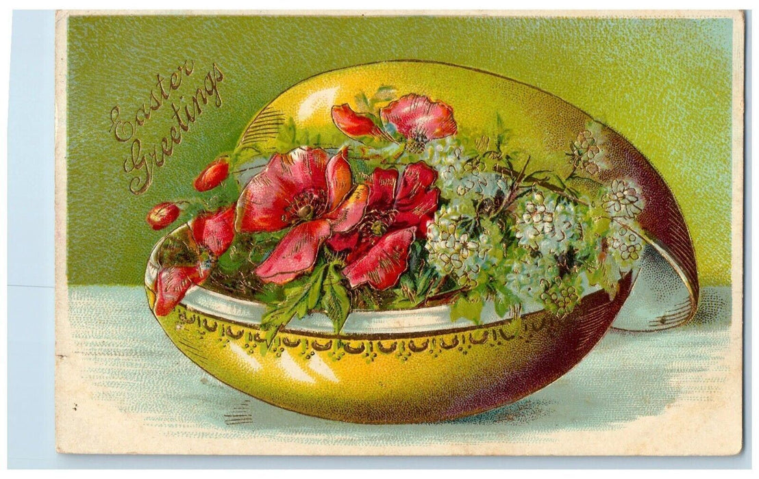 c1910's Easter Greetings Red Flowers In Egg Embossed Posted Antique Postcard