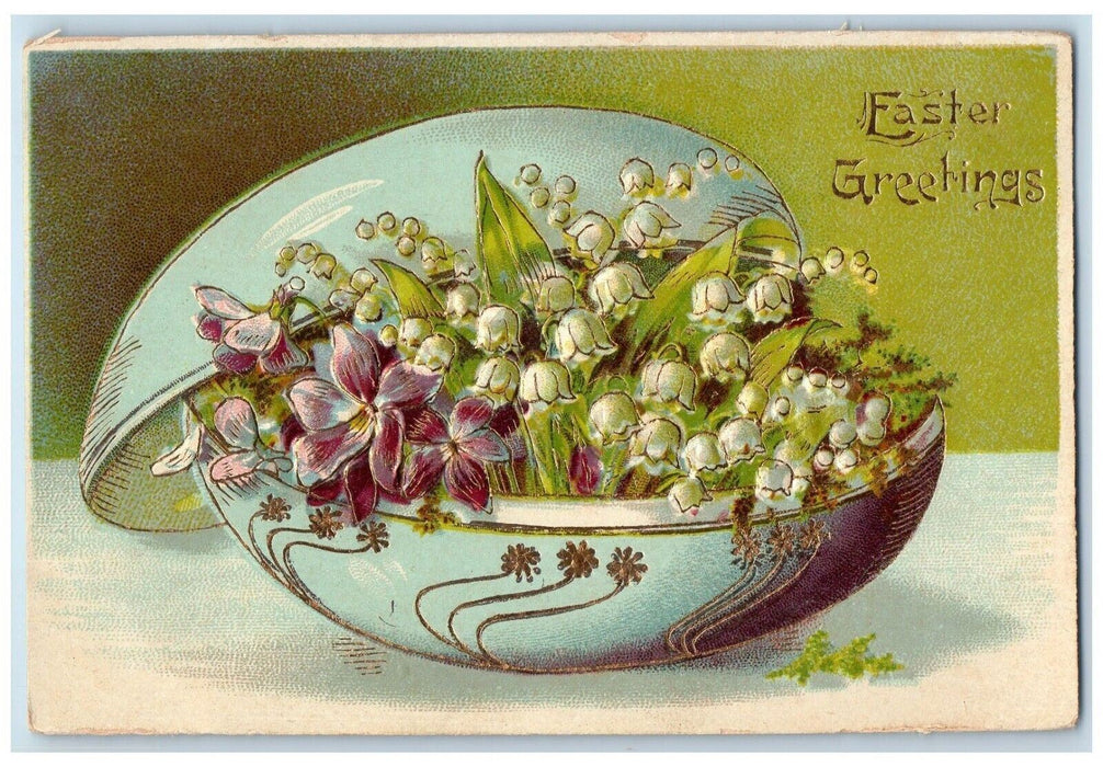 c1910's Easter Greetings Pansies Flowers In Egg Embossed Posted Antique Postcard
