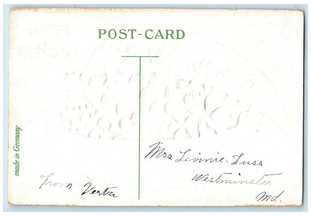 c1910's Easter Greetings Pansies Flowers In Egg Embossed Posted Antique Postcard