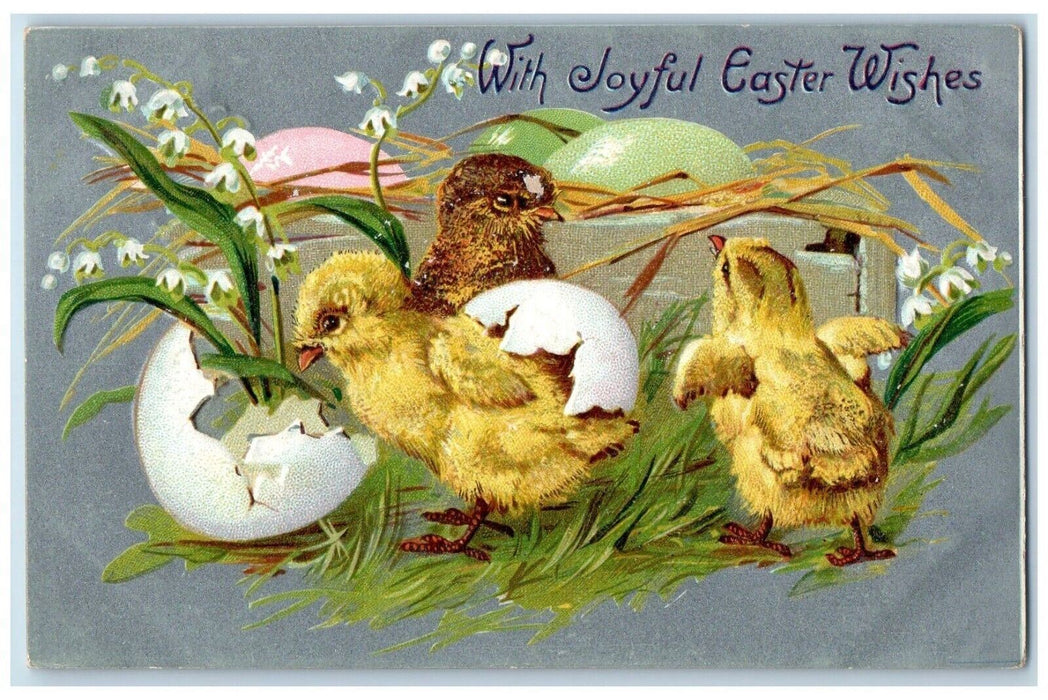 c1910's Joyful Easter Chicks Hatched Egg White Flowers Embossed Tuck's Postcard