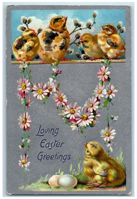 c1910's Easter Greetings Chick Eggs Flowers Embossed Tuck's Antique Postcard